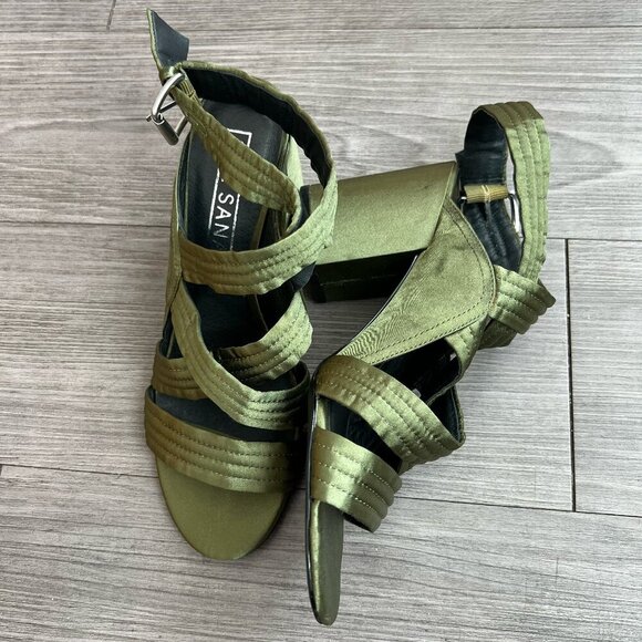 Sol Sana Strappy Block Heel Gabby Heel in Forest Green Satin Size EU38 / W7 - Picture 1 of 8
